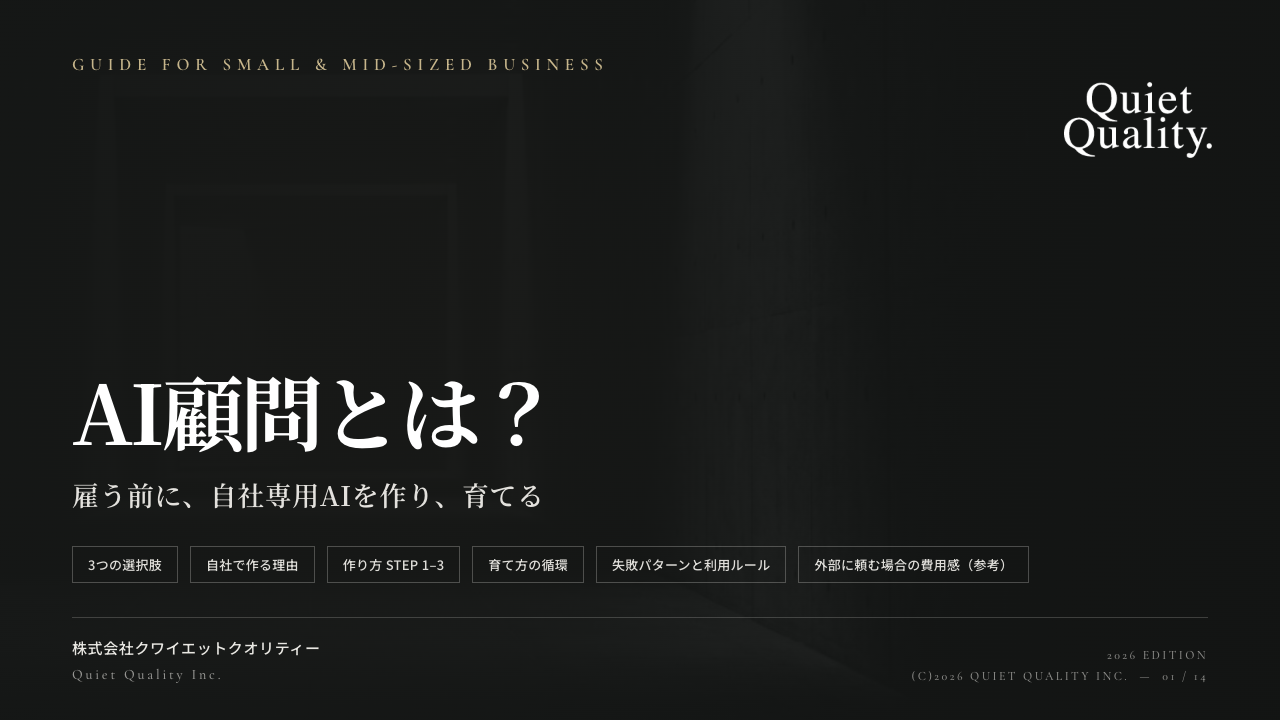 スライド資料の表紙。「AI顧問とは？ — 雇う前に、自社専用AIを作り、育てる」株式会社クワイエットクオリティー
